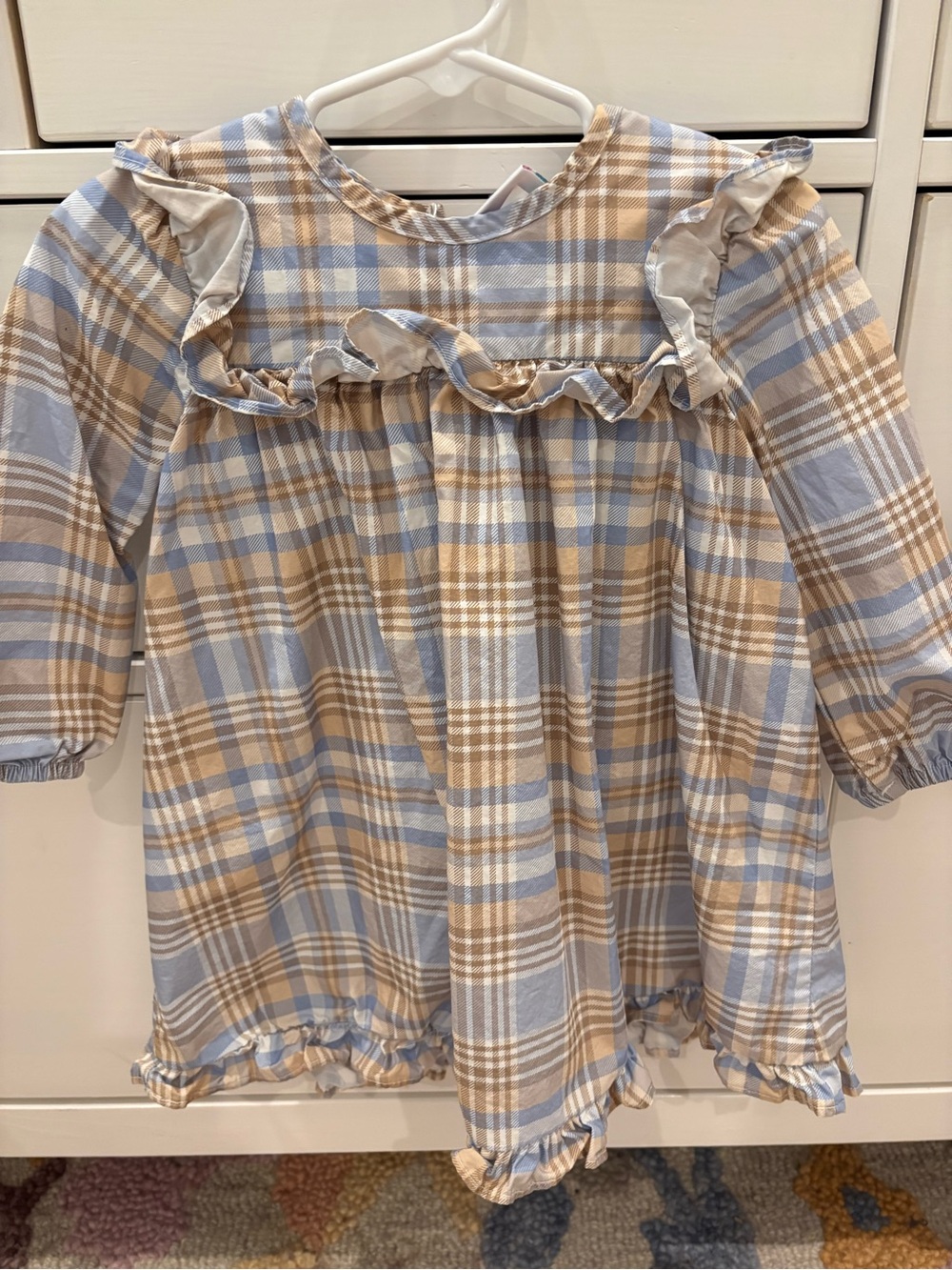 Plaid Ruffle-Trim Kids Dress in Light Blue and Tan